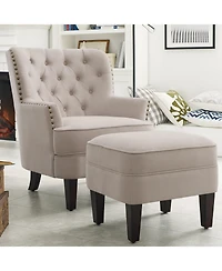Boyel Living Vintage Button-Tufted Velvet Chair and Ottoman Set with Nailhead Trim and Solid Wood Legs