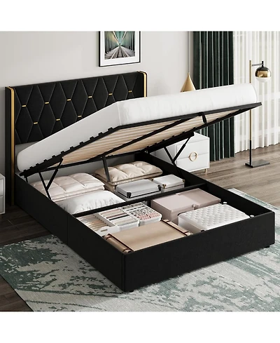 gaomon Lift Up Storage Bed Frame with Wingback Headboard, Velvet Upholstered Diamond Tufted Design & Gold Trim