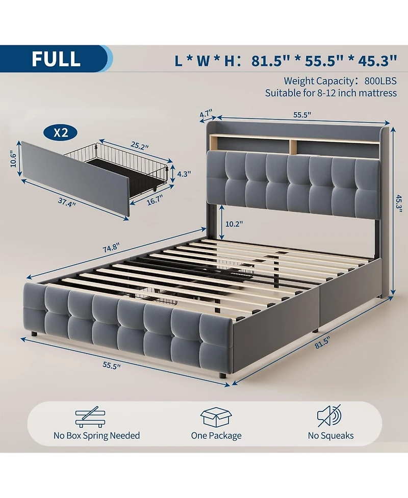 gaomon Full Bed Frame with 2 Storage Drawers, Upholstered Led Light