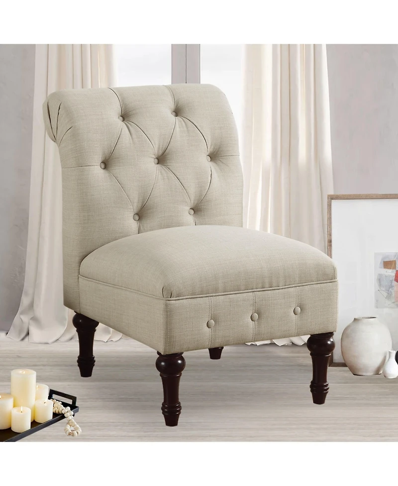 Boyel Living Classic Button-Tufted Linen Accent Chair with Vintage Wooden Legs and Plush Cushioning