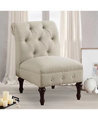 Boyel Living Classic Button-Tufted Linen Accent Chair with Vintage Wooden Legs and Plush Cushioning
