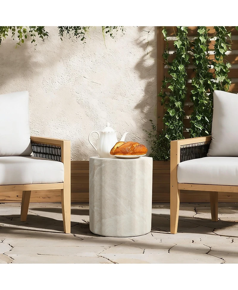 LuxenHome 17.7" Outdoor Side Table, Round End Table for Outside with Marbled Look, Small Patio Side Table for Balcony, Garden