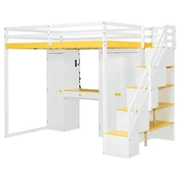 Streamdale Furniture Loft Bed w/Storage Stairs, Vanity, Wardrobe, Usb/Lights