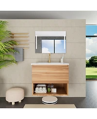 Sillysis Wall Mounted Bathroom Vanity with Sink, Modern Walnut Mdf Cabinet, Large Drawer Storage for Small Space