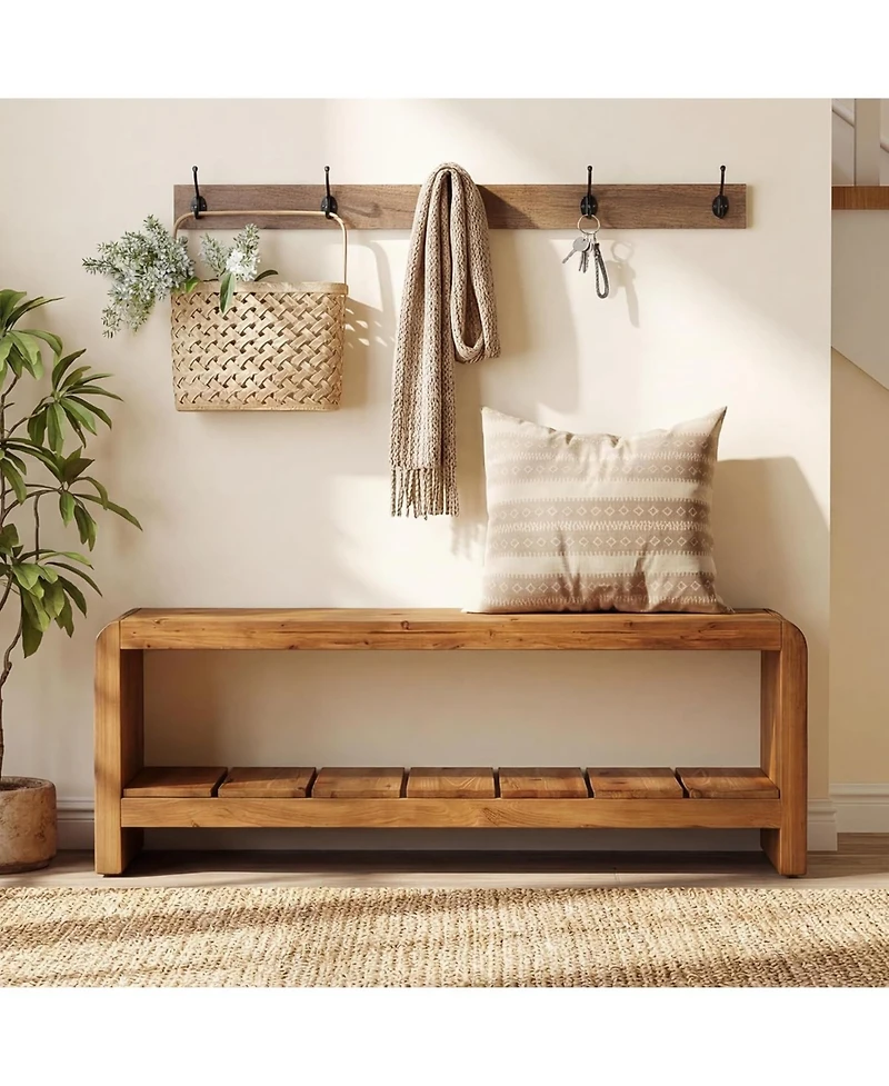 Tribesigns Solid Wood Entryway Bench with Shoe Storage, Long Shoe Bench,2-Tier End of Bed Seating