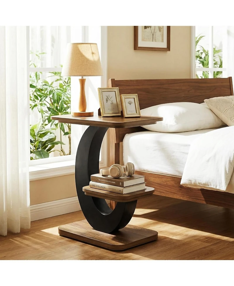 Tribesigns Side Table Set of 2, 2-Tier Narrow End Table, Industrial Wooden Side Table with Metal Arc-Shaped Frame, Bedside Nightstand