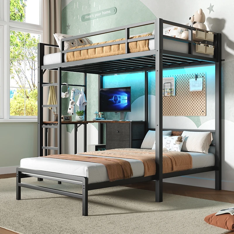 Streamdale Furniture Metal Bunk Bed w/Table, Drawers, Led, Charging