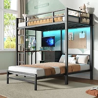 Streamdale Furniture Metal Bunk Bed w/Table, Drawers, Led, Charging