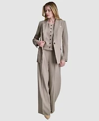Dkny Womens Pinstripe Notch Collar Blazer Pinstripe Button Front Vest Mid Rise Straight Fit Pants