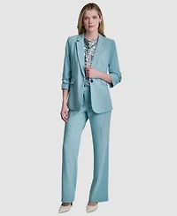 Dkny Womens Notch Collar Ruched Sleeve Blazer Printed Cowl Neck Blouse Mid Rise Ankle Length Pants