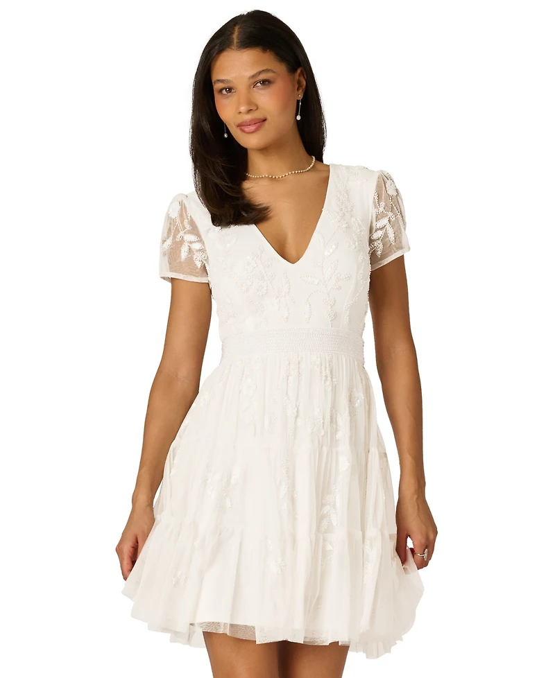 Adrianna Papell Women's V-Neck Beaded Mesh Minidress