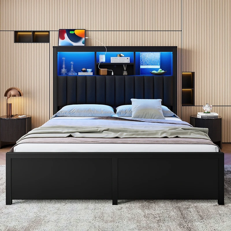 Streamdale Furniture King Bed Frame w/ Storage Headboard, Led, Charging, 4 Drawers, Metal
