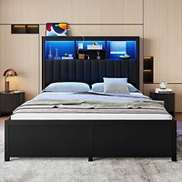 Streamdale Furniture King Bed Frame w/ Storage Headboard, Led, Charging, 4 Drawers, Metal