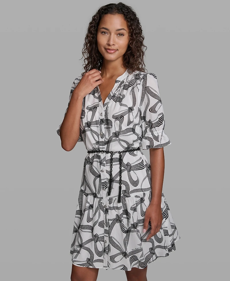 Karl Lagerfeld Paris Petite Printed V-Neck Belted Dress