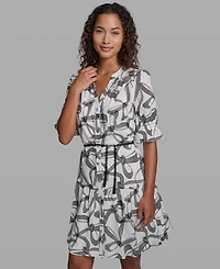 Karl Lagerfeld Paris Petite Printed V-Neck Belted Dress
