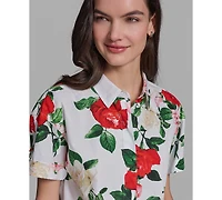 Karl Lagerfeld Paris Petite Printed Poplin Collared Camp Top