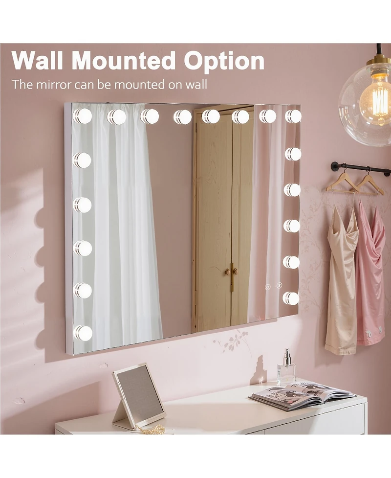 Busdays 31.5x22.8 Inch Hollywood Vanity Mirror with Lights 18 Dimmable Bulbs Bluetooth Speaker Touch Screen Usb Charging Table or Hanging Mount