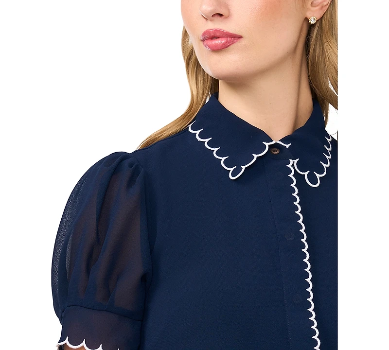 CeCe Women's Scallop Contrast Trim Button Up Top