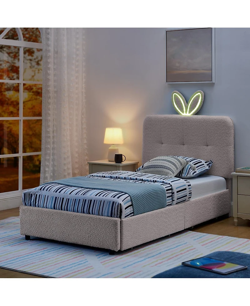Streamdale Furniture Twin Rabbit Ear Upholstered Bed w/Led and 4 Drawers
