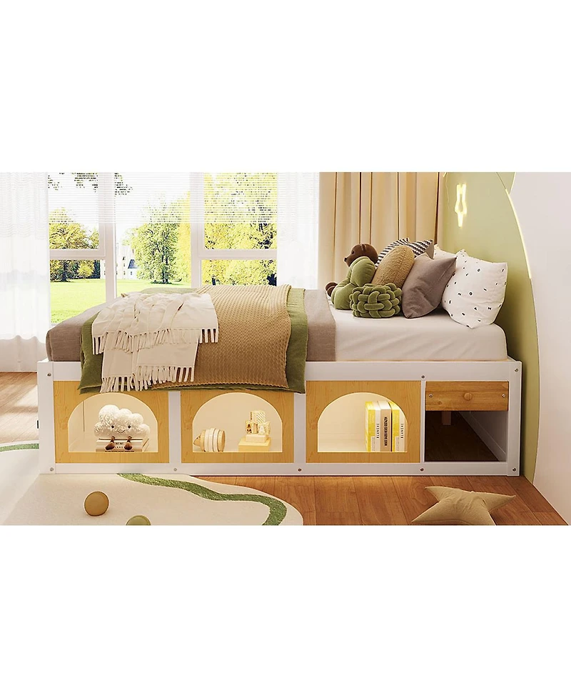 Streamdale Furniture Platform Bed w/ Bookshelf, Led, Drawer