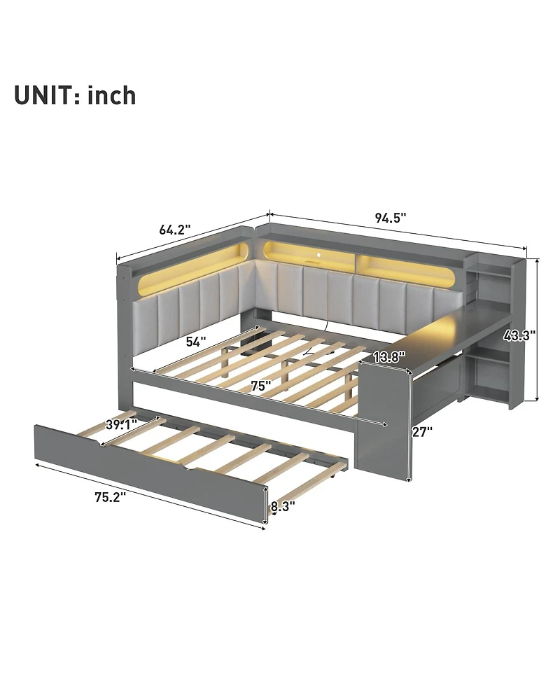 Streamdale Furniture Full Daybed w/Storage, Trundle, Charging, Led, Desk