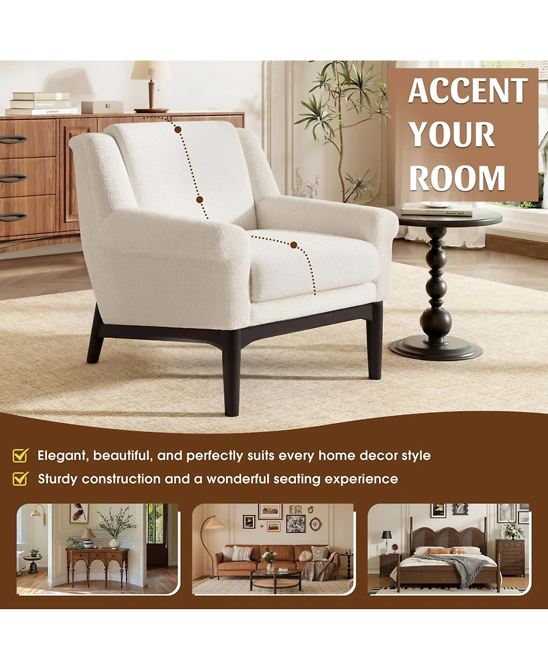 Rainsken Modern Accent Chair, Mid-Century Modern Armchair, Upholstered Lounge Chair with Solid Wood Legs for Living Room
