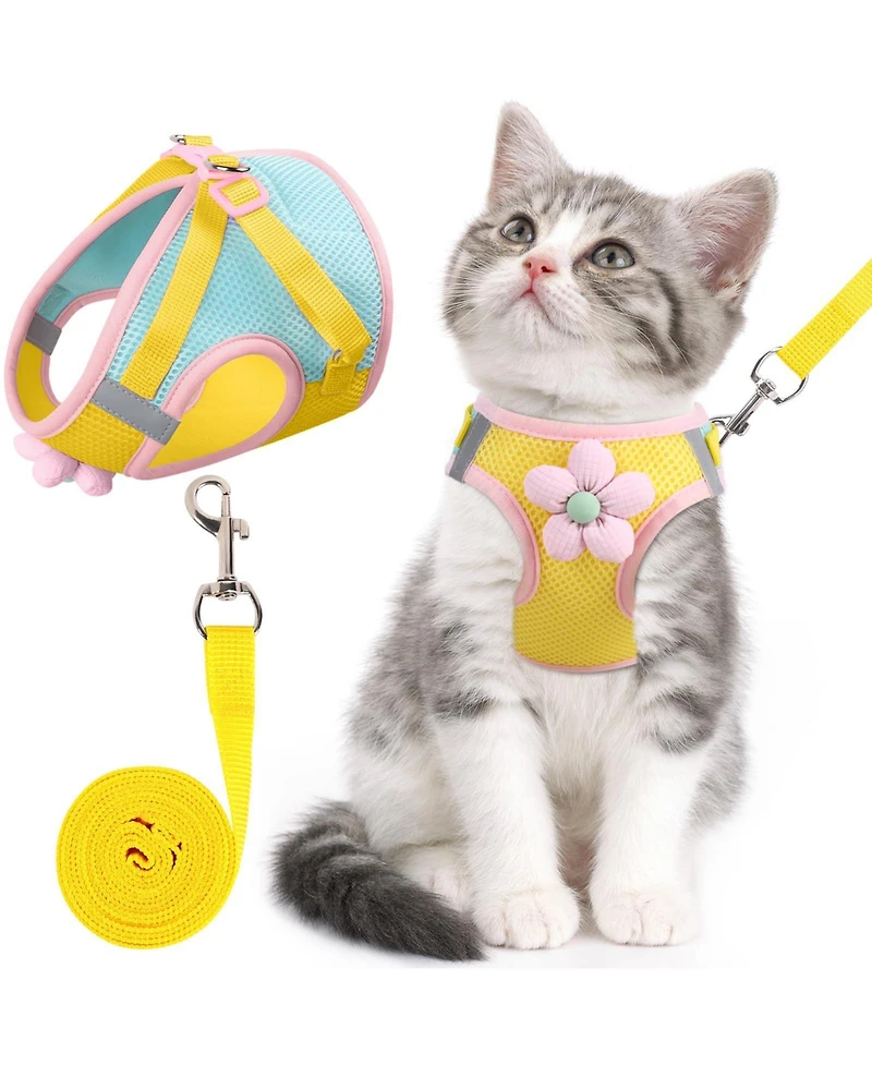 Aronkl Cat Harness Leash Set Escape Proof Adjustable Breathable Mesh Reflective Strips Flower Cute Walking