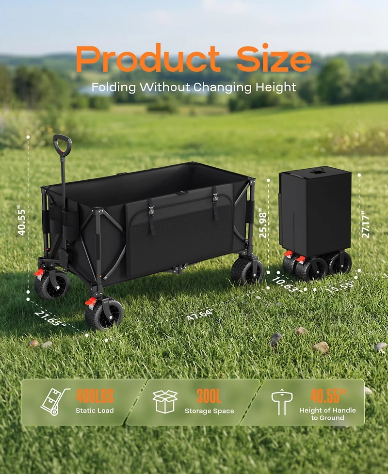 Sugift 47.6"L Collapsible Wagon Cart, 400lbs Weight Capacity 300L Heavy Duty Beach Wagons with Big All-Terrain Wheels for Groceries, Shopping, Camping