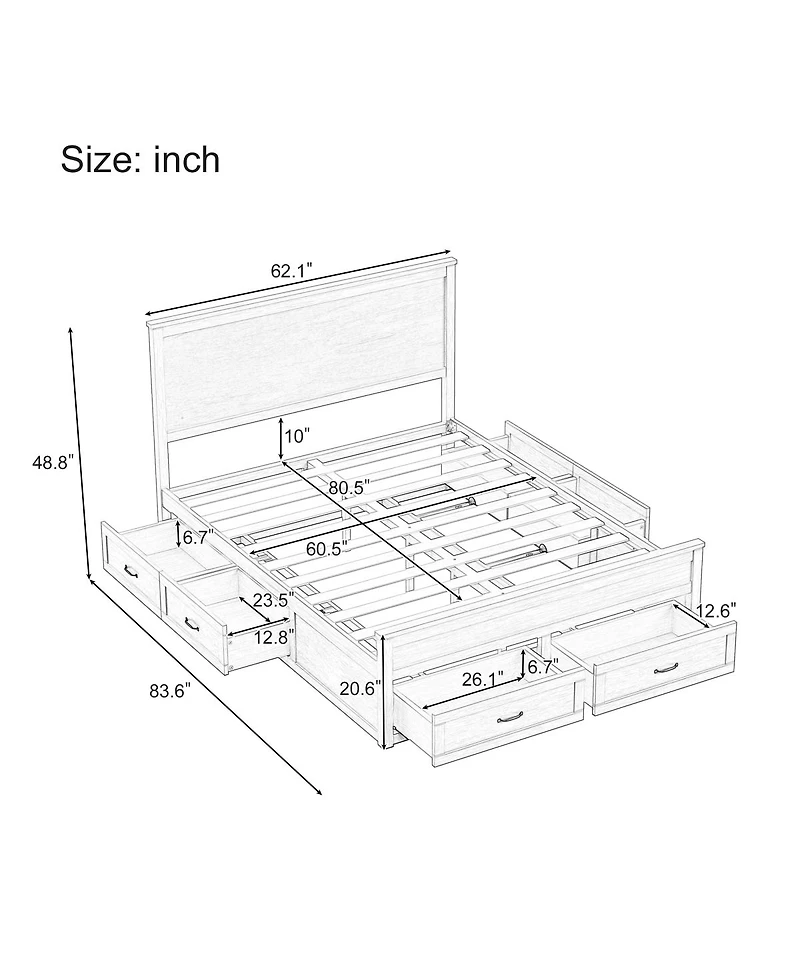 Streamdale Furniture Wood Storage Bed w/ 6 Drawers, No Box Spring Needed