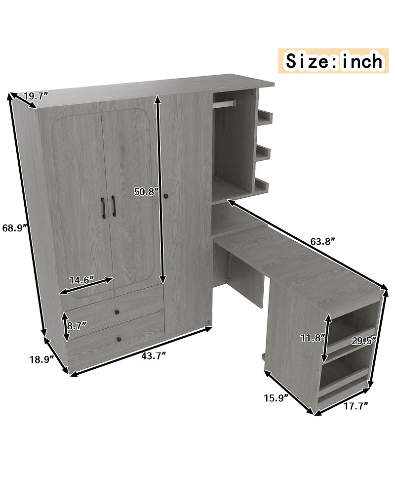 Streamdale Furniture 2-Door Wardrobe w/Hanging Rod, Desk and Drawers