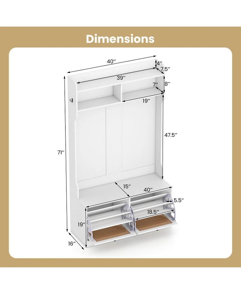 Gouun 4-in-1 Entryway Hall Tree with Coat Rack, Shoe Bench and Flip Drawers