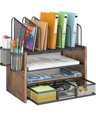 Gnuadz Mesh Desk Organizer 4-Tier Wooden File 5 Holders 2 Pen Drawer