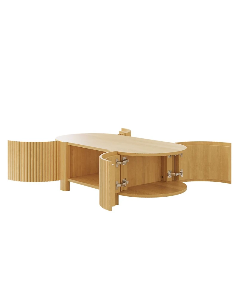 Streamdale Furniture Oval Fluted Coffee Table with Storage, Rubber Solid Wood, Natural, 47