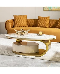 Streamdale Furniture Oval Coffee Table with Drawer, Sintered Stone Marble Top, Gold Stainless Steel Base