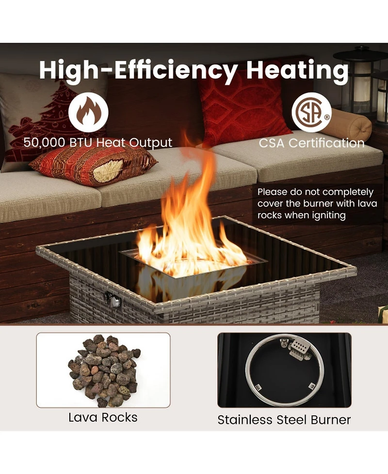 Gouun 32.5 in Square Gas Fire Pit Table 50000 Btu, Tempered Glass Tabletop with Cover