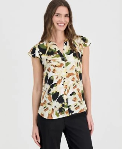 Anne Klein Womens Printed Split Neck Flutter Sleeve Blouse