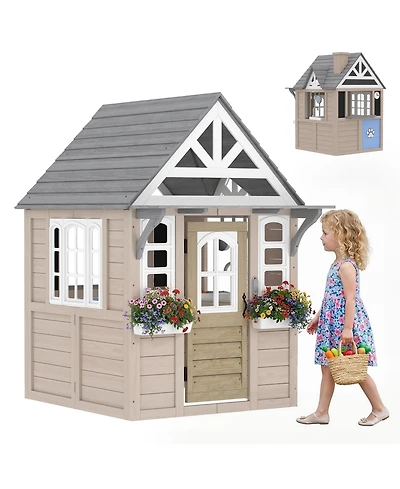 Qaba Outdoor Playhouse, Wooden Kids Playhouse with Dog Door, Cookware, Bell