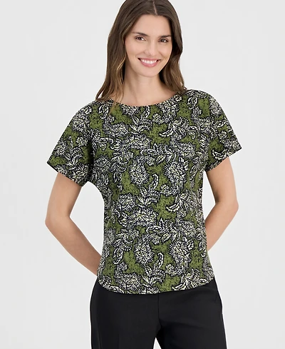 Anne Klein Women's Printed Boat-Neck Short-Sleeve Top