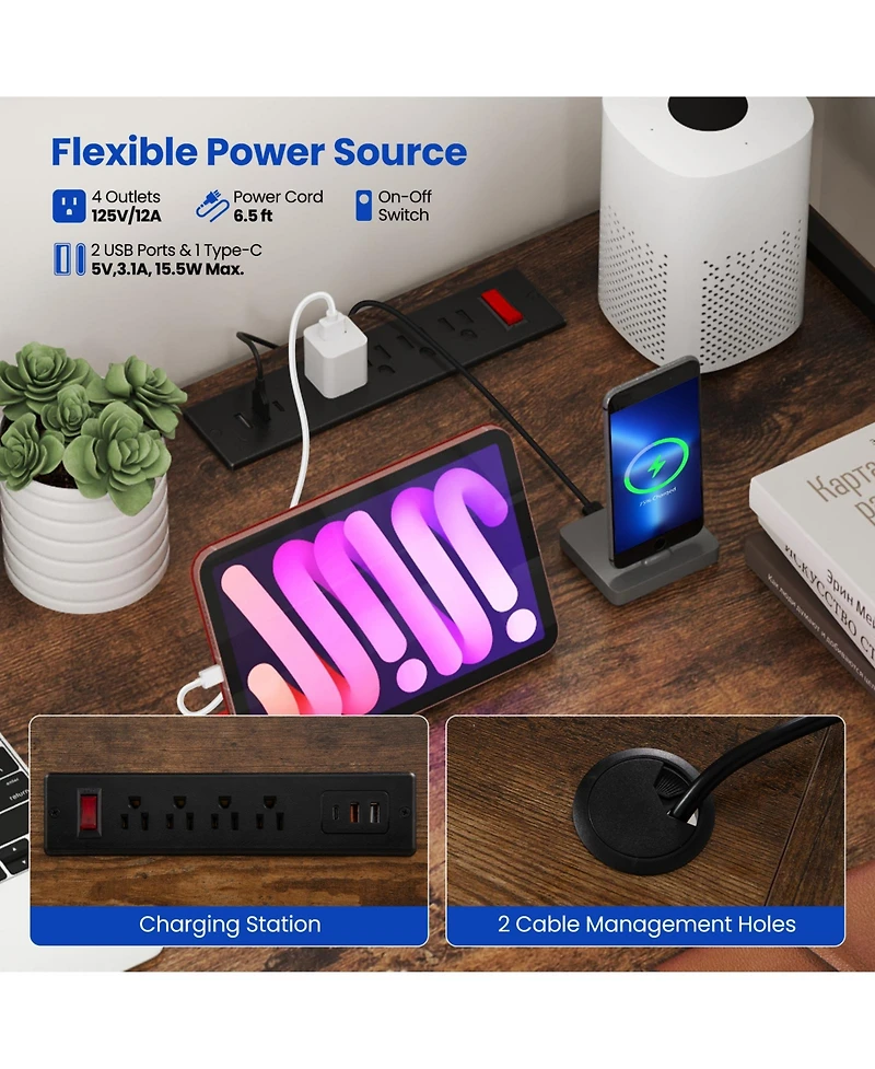 Sugift L-Shaped Reversible Gaming Desk with Led Strip and Power Outlets Hutch Monitor Stand