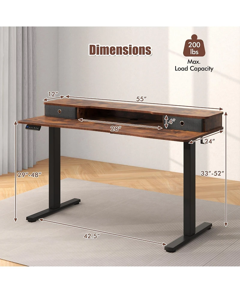 Sugift Height Adjustable Electric Standing Desk with 2 Drawers-Brown