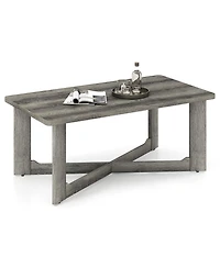 Sugift Rectangle Coffee Table Rubber Wood Base with X-Shaped Base-Gray