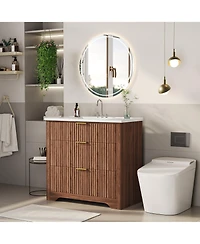homfan Fluted Bathroom Vanity with Sink, Farmhouse Freestanding Cabinet 2 Drawers and Flip-Down Drawer, Easy Assembly