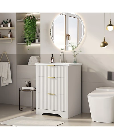 homfan Fluted Bathroom Vanity with Sink, Farmhouse Freestanding Cabinet 2 Drawers and Flip Down Drawer, Easy Assembly