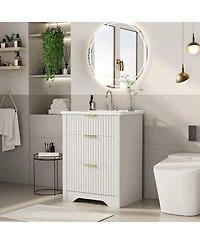 homfan Fluted Bathroom Vanity with Sink, Farmhouse Freestanding Cabinet 2 Drawers and Flip Down Drawer, Easy Assembly