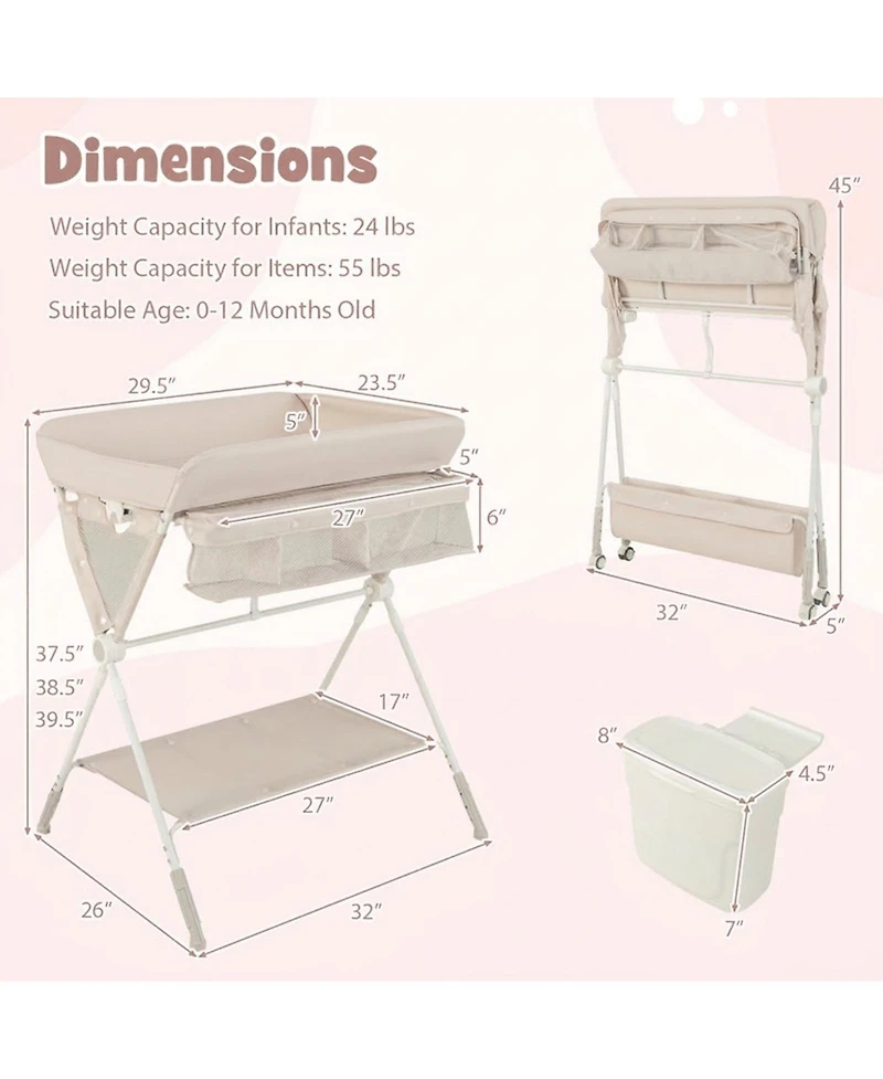 Gouun Portable Foldable Baby Changing Table with 3-Level Adjustable Height