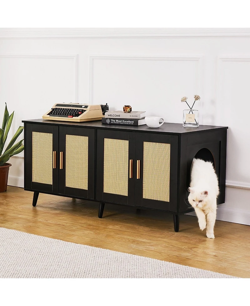 Inolait Wooden Cat Litter Box Enclosure for 2 Cats with Rattan Doors