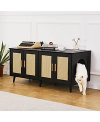 Inolait Wooden Cat Litter Box Enclosure for 2 Cats with Rattan Doors