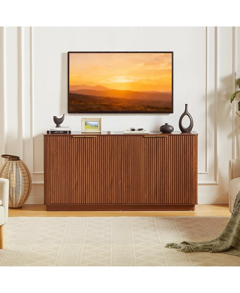 Rainsken Modern Vertical Stripe Buffet Cabinet, 4-Door Storage Sideboard with Curved Wave Detail and Gold Handles for Living Room