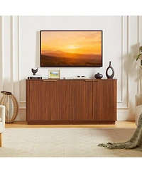 Rainsken Modern Vertical Stripe Buffet Cabinet, 4-Door Storage Sideboard with Curved Wave Detail and Gold Handles for Living Room