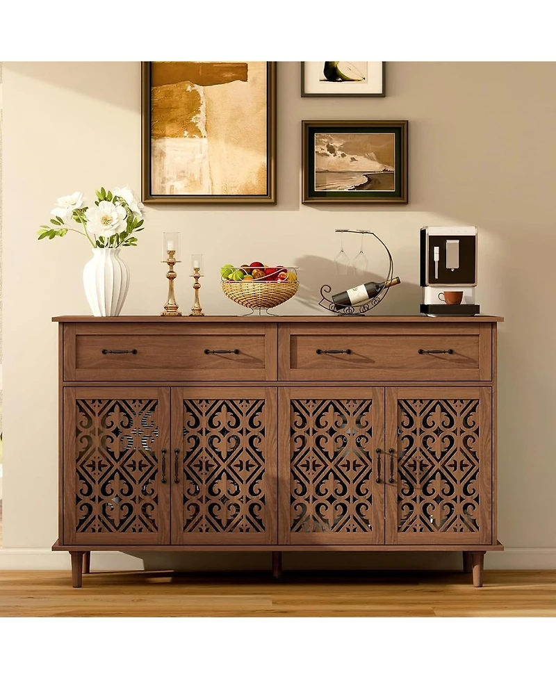 Rainsken Vintage Sideboard Buffet Cabinet, Entryway 4 Doors Storage Cabinet with Hand-Carved Hollow Doors, 2 Drawers and Metal Handles for Living Room